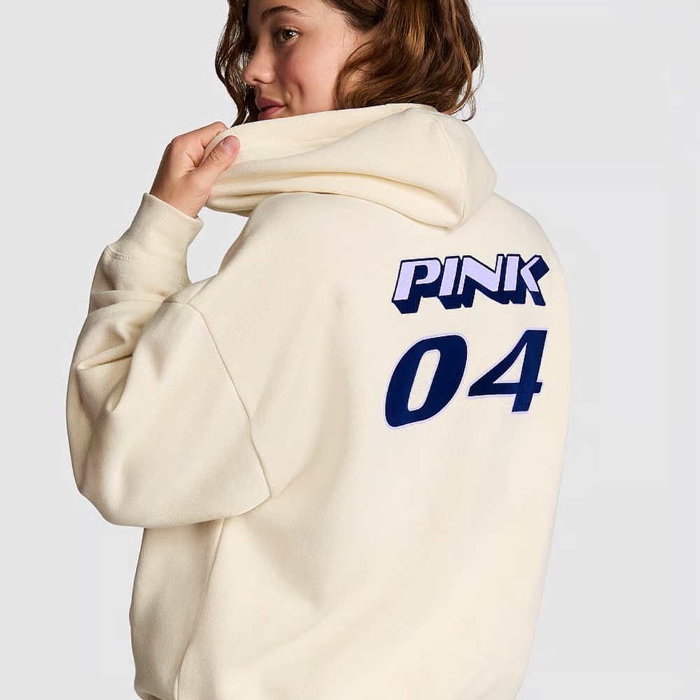 PINK Victoria's Secret Cream Hoodie with Navy Graphic
